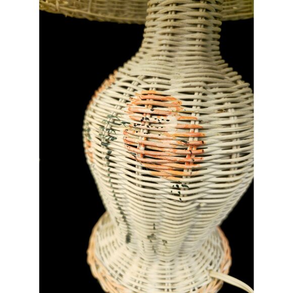 Vintage Wicker Table Lamp With Hand-Painted Floral Details & Shade - Picture 5 of 12